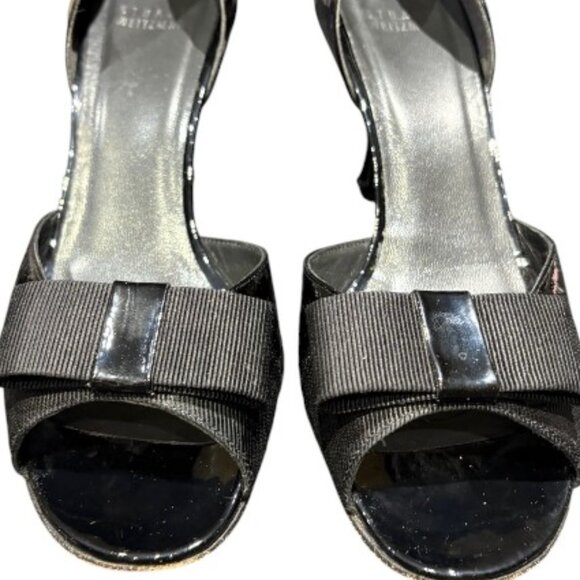 Stuart Weitzman Black Patent Leather Cut Out Peep Toe Heel Grosgrain Bow Size 9N - Picture 4 of 9